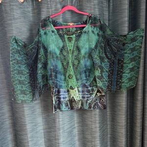 Live and Let Live Sheer Green and Blue Blouse Size 2X